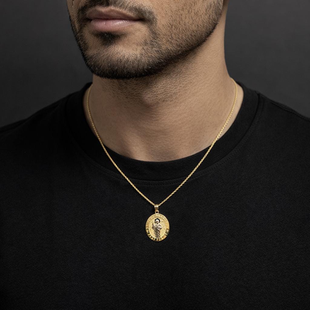 10k Solid Gold St. Jude Thaddeus Pendant Necklace, 1.2mm Cable Chain, Unisex Saint Jude Thaddeus Charm, Religious Gold Gift Jewelry