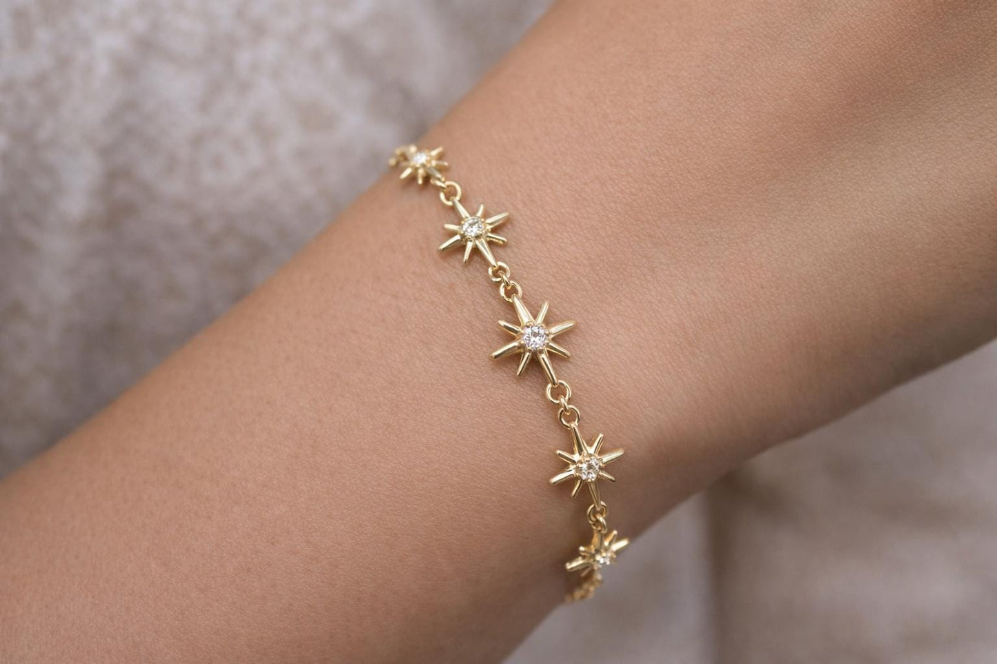 10k Solid Real Gold Star Bracelet, Real Diamond Star Bracelet, Dainty Bracelet, 10k Solid Gold Natural Diamond Star Bracelet