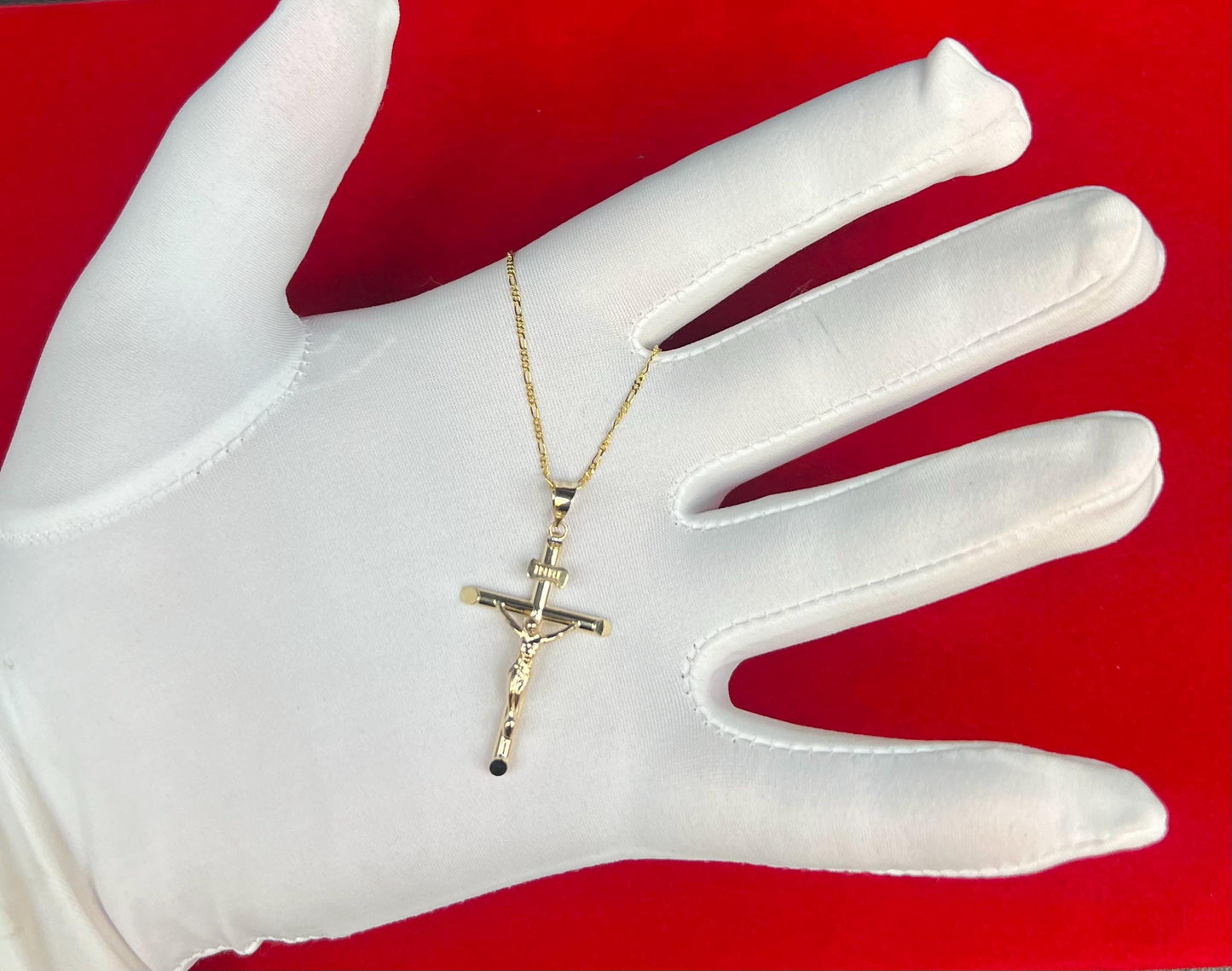 10K Real Gold Jesus Crucifix Necklace, INRI Cross Pendant with 1.3mm Solid Figaro Chain, Real Gold Cross Necklace for Men Women
