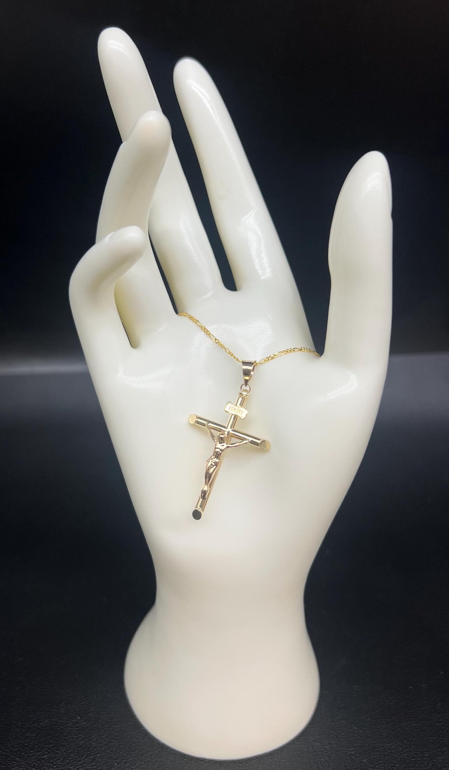 10K Real Gold Jesus Crucifix Necklace, INRI Cross Pendant with 1.3mm Solid Figaro Chain, Real Gold Cross Necklace for Men Women