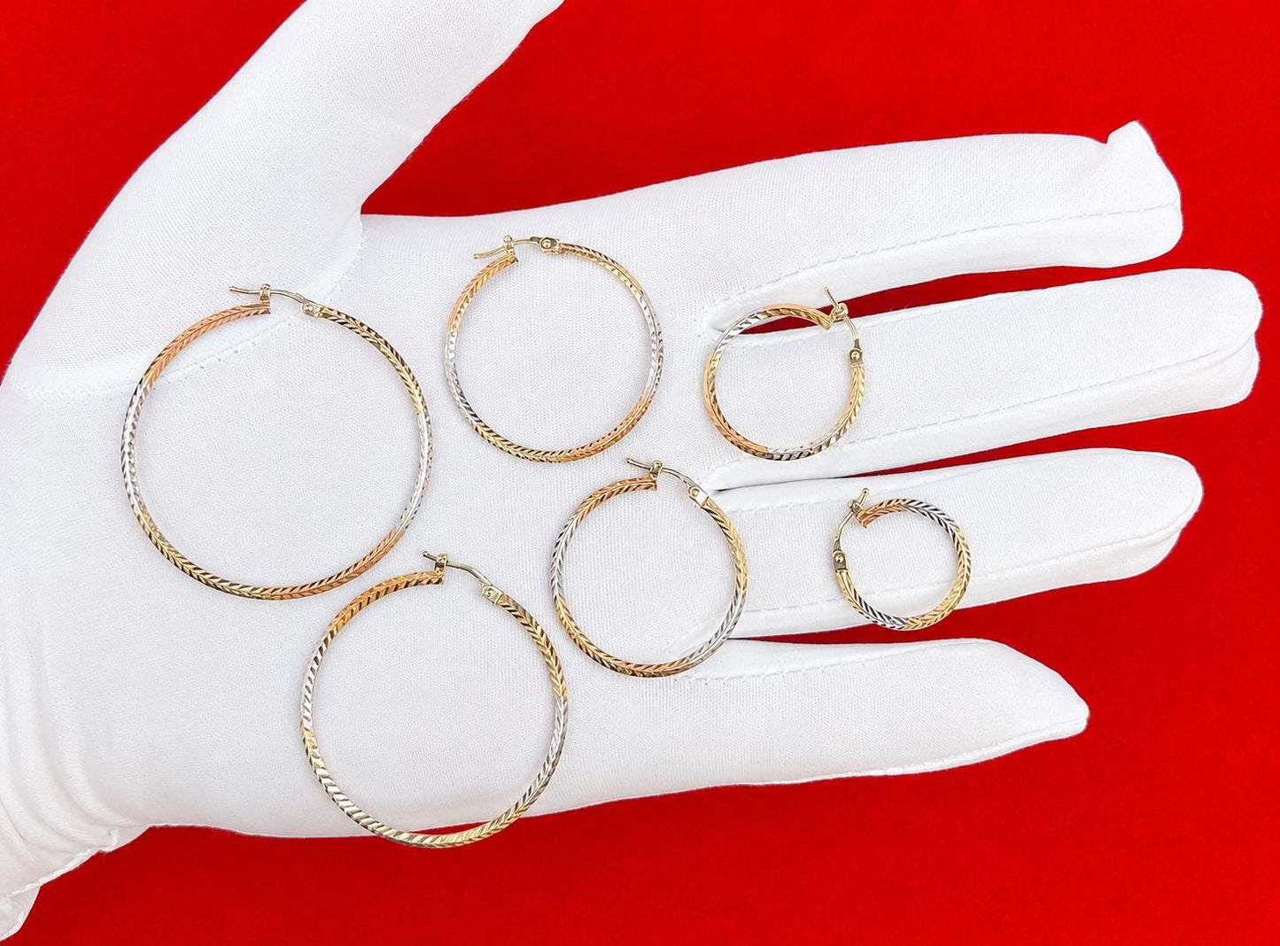 14K Solid Gold Tricolor Hoop Earrings, Diamond Cut Gold Hoops 20mm-45mm, Real Tricolor Gold Earrings for Women, 14k Tricolor Gold