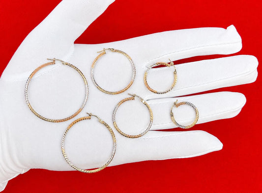 14K Solid Gold Tricolor Hoop Earrings, Diamond Cut Gold Hoops 20mm-45mm, Real Tricolor Gold Earrings for Women, 14k Tricolor Gold