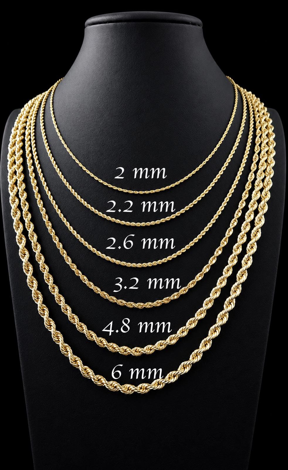 10K Gold Rope Chain Gold Rope Chain Necklace 2mm 2.2mm 2.6mm 3.2mm 4.8mm 6mm 18-26 inches, 10K Gold Rope Chain, 10K Gold Chain,  Men Women