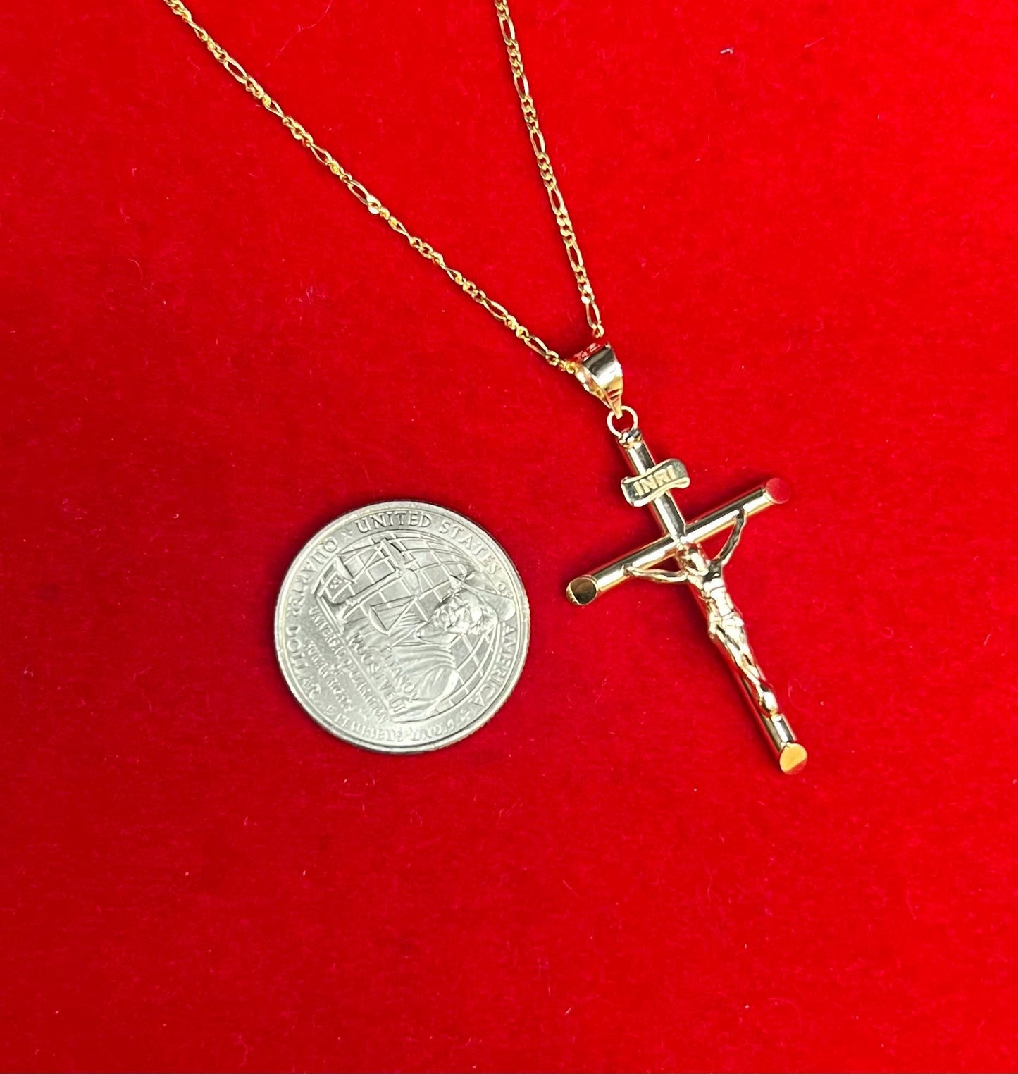 10K Real Gold Jesus Crucifix Necklace, INRI Cross Pendant with 1.3mm Solid Figaro Chain, Real Gold Cross Necklace for Men Women