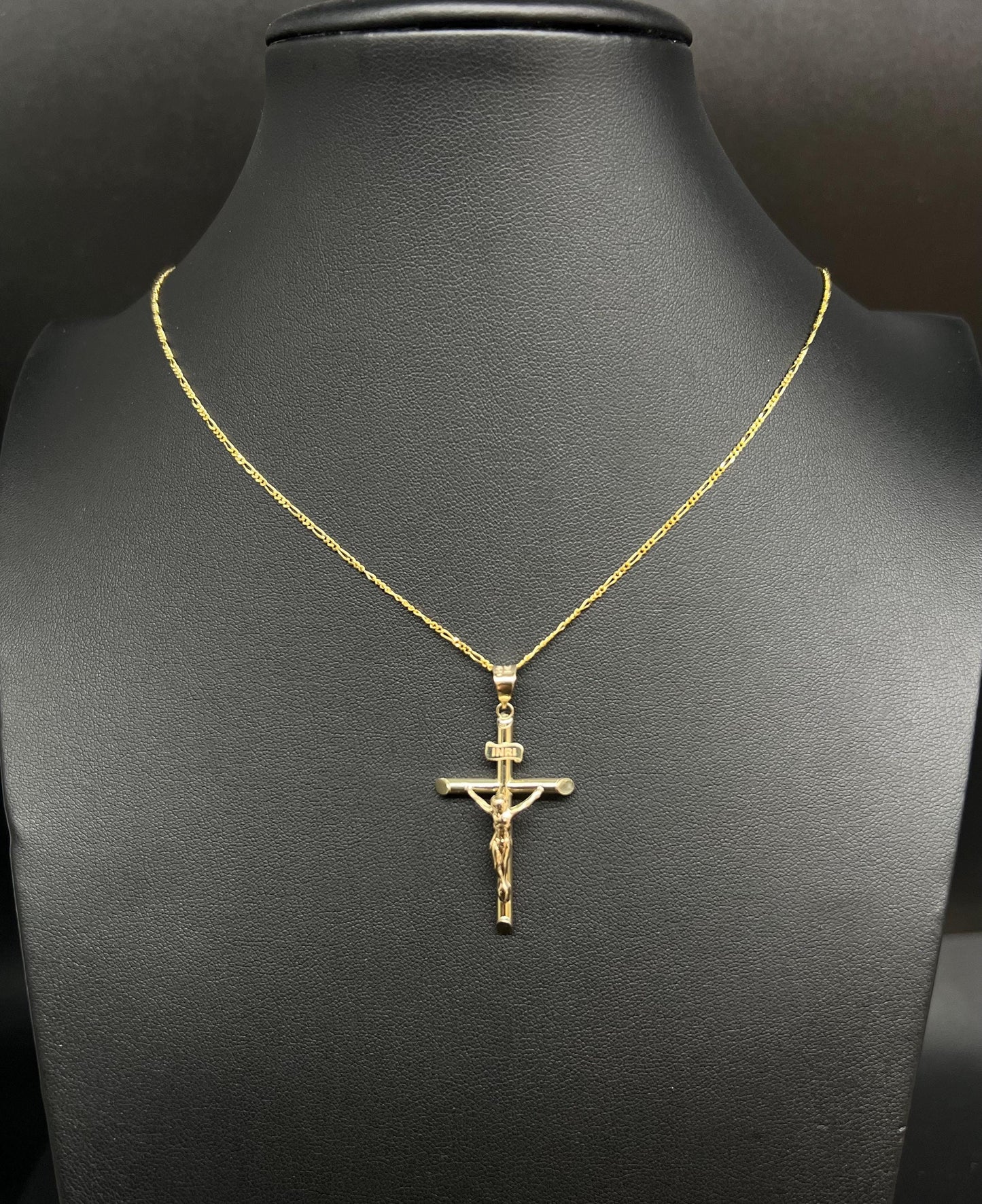 10K Real Gold Jesus Crucifix Necklace, INRI Cross Pendant with 1.3mm Solid Figaro Chain, Real Gold Cross Necklace for Men Women