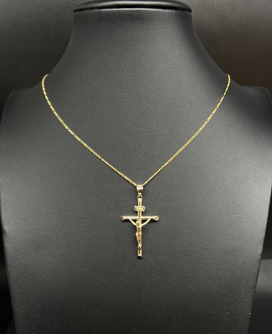 10K Real Gold Jesus Crucifix Necklace, INRI Cross Pendant with 1.3mm Solid Figaro Chain, Real Gold Cross Necklace for Men Women