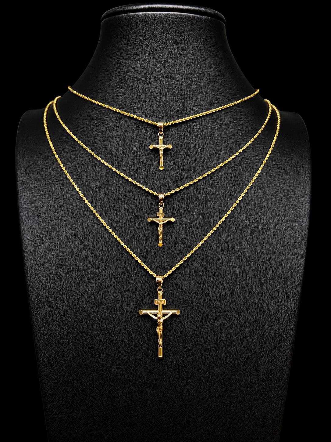 10k Real Solid Gold Jesus Crucifix Pendants Necklace, with 1.7mm Solid Rope Chain Necklace , Cross, Gold Inri Cross, Gift