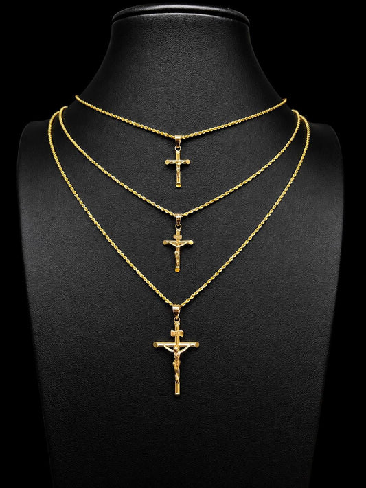 10k Real Solid Gold Jesus Crucifix Pendants Necklace, with 1.7mm Solid Rope Chain Necklace , Cross, Gold Inri Cross, Gift