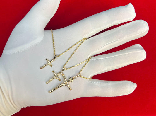 10k Real Solid Gold Jesus Crucifix Pendants Necklace, with 1.7mm Solid Rope Chain Necklace , Cross, Gold Inri Cross, Gift